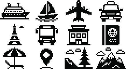 Fototapeta premium Pixel art transportation and travel icon set with ship airplane bus tent mountain silhouette.