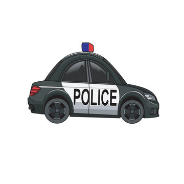 Cute Chibi Police Car with Roof Light Funny Cartoon Emergency Vehicle Side Angle Good For Education Book for children