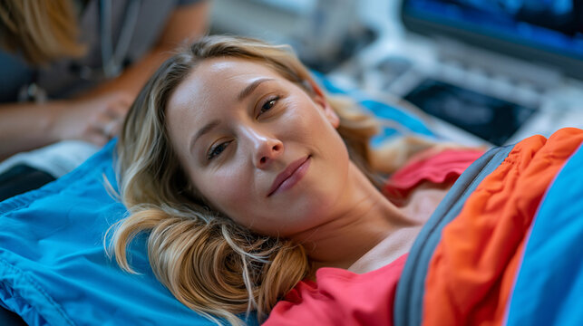 A woman in her early thirties lying on an examination table in a gynecology clinic, heating pad on her abdomen, ultrasound equipment visible nearby, compassionate female physician reviewing imaging,