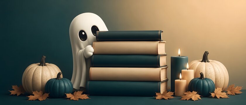 Halloween, ghost and books with pumpkins in library for spooky season, reading and education theme. Autumn decor, candles and leaves in studio with aesthetic, cute spirit and literature study joy.