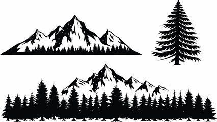 Black and white mountain range silhouettes with evergreen trees on a white background © Suranjan