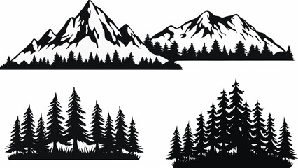 Mountain range and coniferous forest silhouettes against a white background © Suranjan