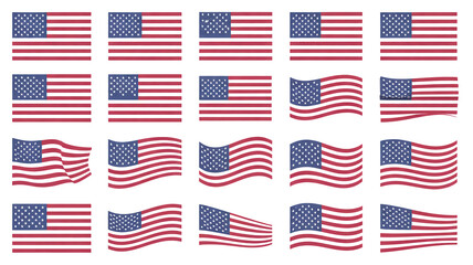 Fototapeta premium Collection of 20 waving and straight American flags in various positions and styles
