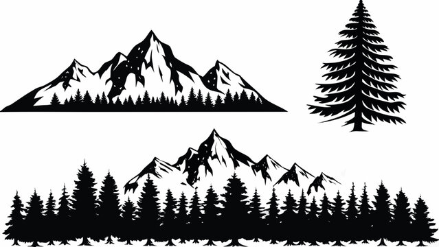 Black and white mountain range silhouettes with evergreen trees on a white background
