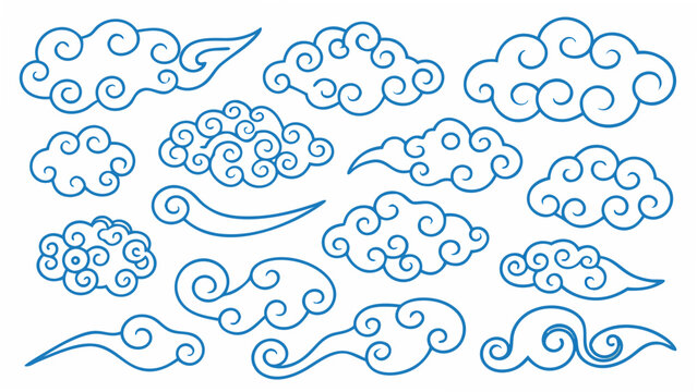 Collection of stylized blue line cloud shapes on a white background