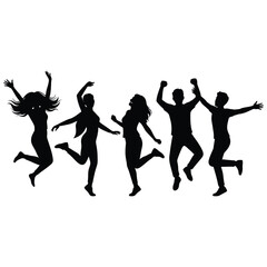 Fototapeta premium Silhouette Of A Joyful Group Of Young Friends Jumping And Dancing Together In Celebration
