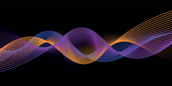 Smooth neon sound wave on black background. Abstract flowing wavy lines design for ai concept, eq equalizer, audio record, voice assistant. Blue pink orange purple gradient stripe wallpaper. Vector