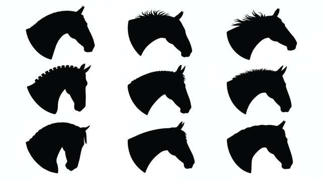 Nine horse heads in profile with various manes