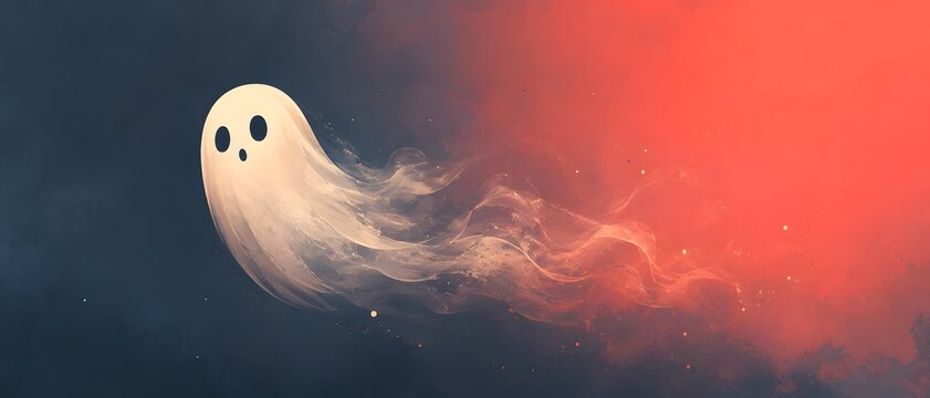 Halloween, ghost and spooky spirit in dark sky for holiday, fantasy world and scary atmosphere. Cute phantom, supernatural and afterlife in fire with magic, mystery and mystical theme for celebration