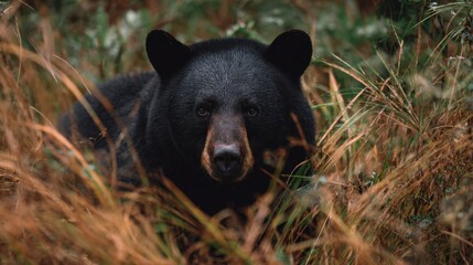 Fototapeta premium American black bear resting in tall autumn grass in the wild