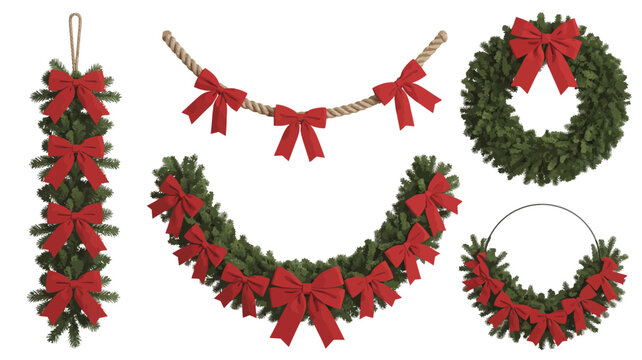 Assorted festive holiday wreaths and garlands with red bows decoration set