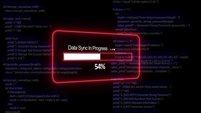 Teal data sync in progress Progress Bar on a Background of Computer Code loading programming. 4K Digital Data Transfer Loop