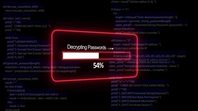 Teal decrypting passwords Progress Bar on a Background of Computer Code loading programming. 4K Secure Authentication Interface Loop