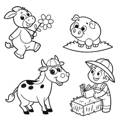 Fototapeta premium Cute cartoon farm animals and farmer coloring page for kids with a collection of cute farm animals
