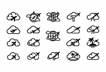 Obraz premium Cloud and Airplane Emblem Vector Pack with Globe Compass Tropical Island Palm Tree Travel Sky Flight Logos