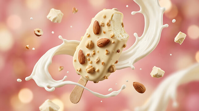 White chocolate almond ice cream bar with milk splash