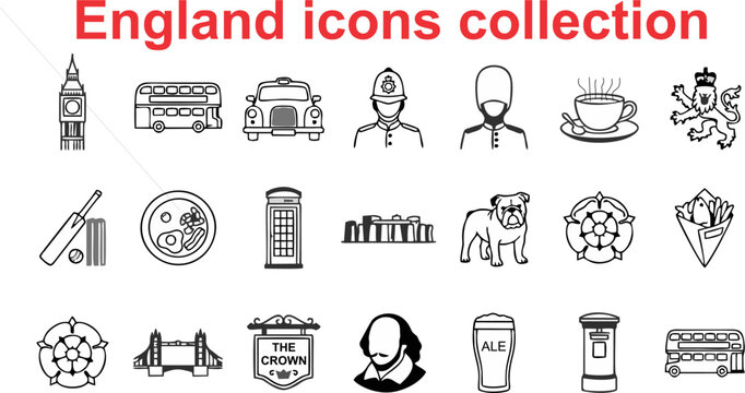 A professional black icon collection inspired by England&rsquo;s culture, heritage, landmarks, traditions, and national symbols. This vector icon set includes iconic elements such as Big Ben, red telephone 