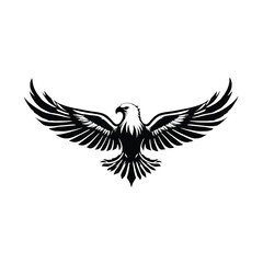 Fototapeta premium Eagle shown with wings fully spread in a symmetrical frontal view represents majesty and authority through sharp black lines, making it an ideal graphic element for corporate logos or emblems.