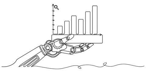 Obraz premium Robotic hand holding a bar chart symbolizing automation, business intelligence, and performance analysis, hand-drawn vector outline illustration.