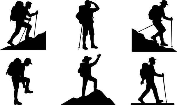 Set of hiking people silhouettes isolated on white background vector illustration