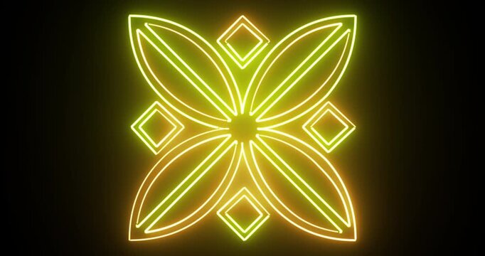 Glowing Neon Floral Geometric Pattern Animation on Black Background, Golden Mandala Flower Design, Luxury Decorative Ornament, Futuristic Abstract Motion Graphics Loop in 4K