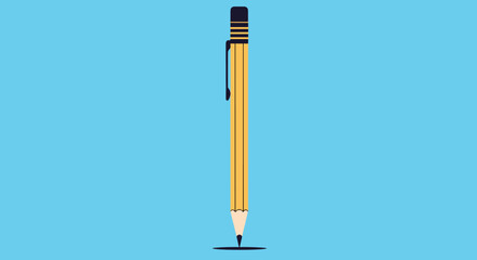 Naklejka premium Long yellow wooden pencil with a black eraser standing upright on a blue background with a shadow at the tip.