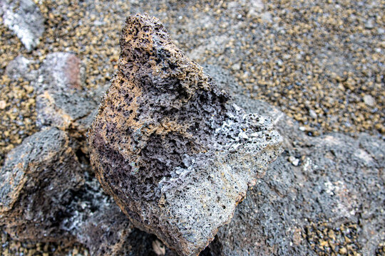 Close up of porous volcanic basalt rock on a lava field in Hawaii Volcanoes National Park Big Island Hawaii