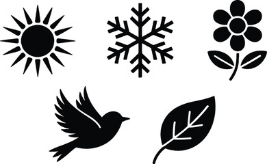 Obraz premium Seasonal icons show sun, snowflake, flower, bird, and leaf in black.