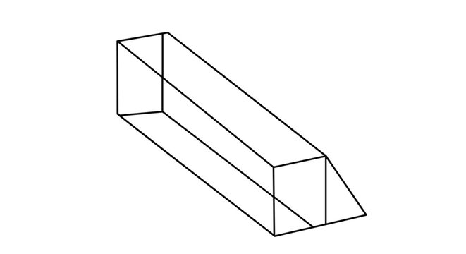 Minimalist black and white line drawing of a 3D rectangular prism showing its geometric structure and linear perspective.