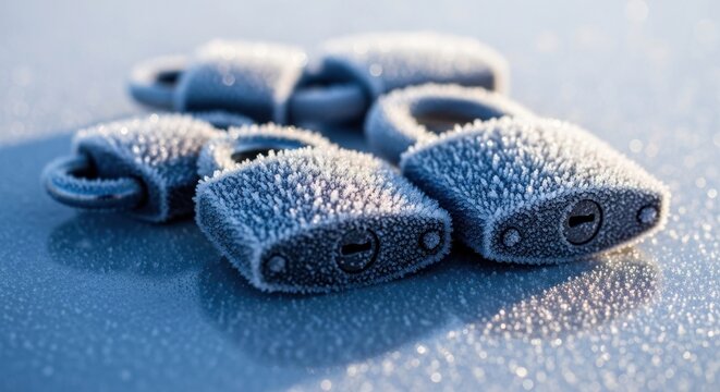Frozen Padlocks Covered in Frost on a Cold Surface.