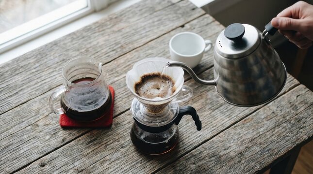 Coffee brewing process with pour over method, creating a delicious aromatic beverage on wooden table.