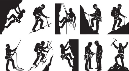 Fototapeta premium Rock Climbing and Mountaineering Icons, Silhouette Set: Adventure, Sport, Extreme Activity, Outdoor Exploration, 10 Elements