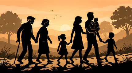 Fototapeta premium Family, people, walking, silhouette, sunset, landscape