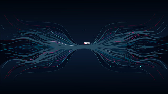Abstract data streams converge into a central point vector illustration