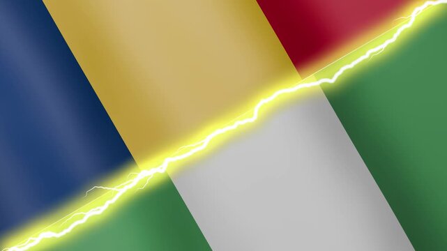 Two waving flags Chad and Nigeria with diagonal lightning seamless, 4k loop