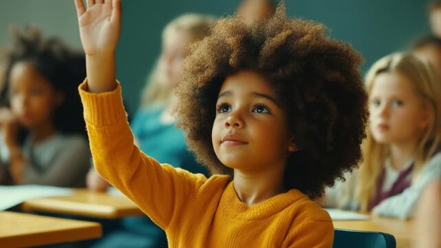 Young girl raises her hand in a classroom, eager to participate and engage in learning with classmates in an educational environment fostering curiosity and growth.