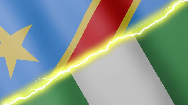 Two waving flags Congo - Kinshasa and Nigeria with diagonal lightning seamless, 4k loop