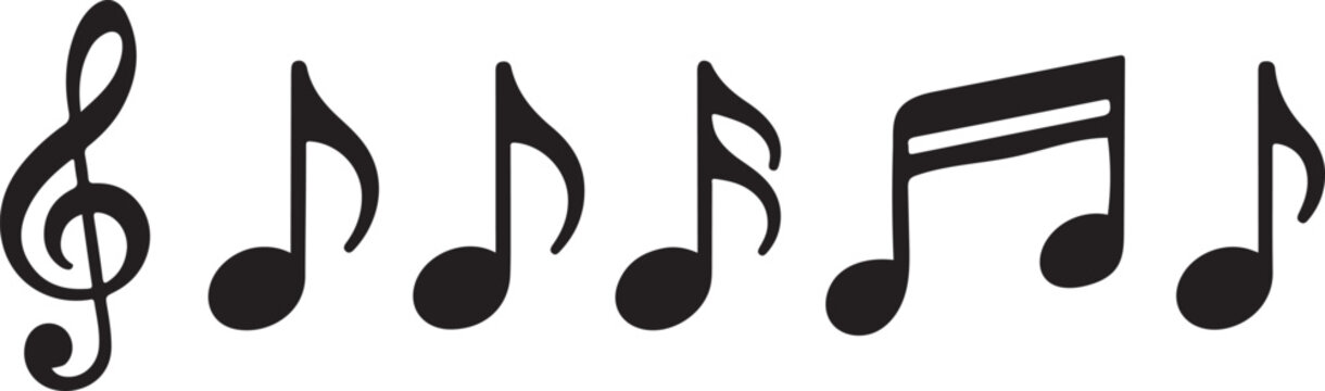 Collection of various musical notes and clef symbol in a row on white
