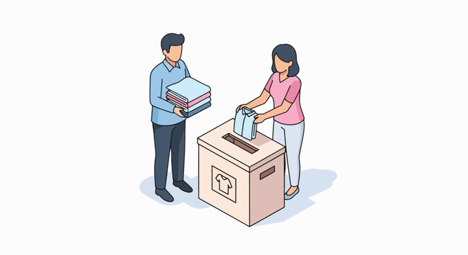 Isometric illustration of a man and woman depositing documents into a mailbox with a recycling symbol on the side against a clean white background.