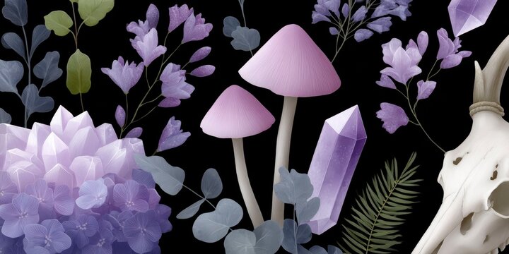 a dark cottagecore inspired pattern featuring mushrooms, and animal skulls.