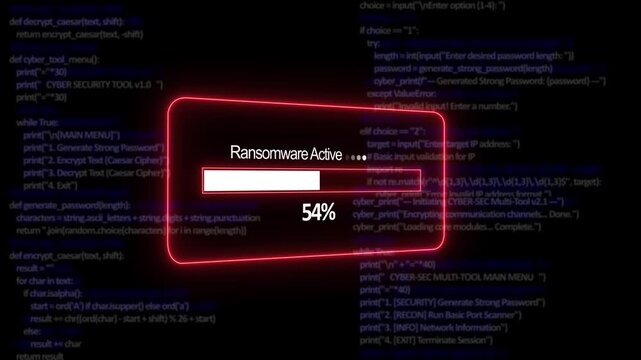 Teal ransomware active Progress Bar on a Background of Computer Code loading programming. 4K Digital Threat Simulation Motion Video