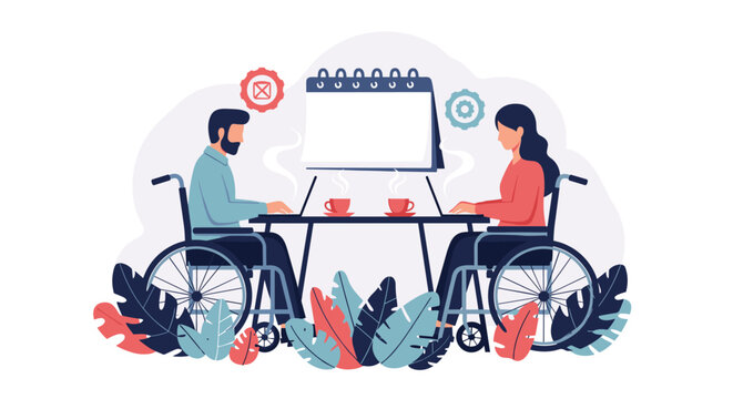 Professional man and woman in wheelchairs working on laptops at a shared table with coffee and a large calendar in the background.