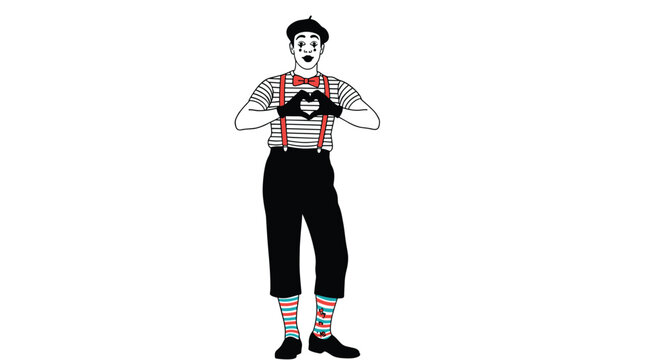 Professional male mime wearing traditional striped shirt and beret making a heart shape with his gloved hands for an audience.