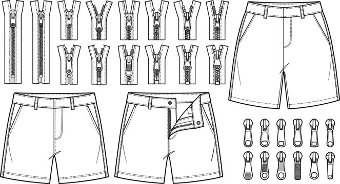 Men shorts technical drawing template set with zipper fly construction details sliders and pullers fashion flat sketches