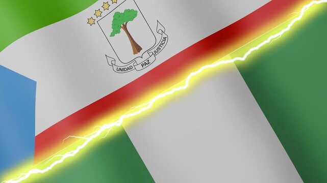 Two waving flags Equatorial Guinea and Nigeria with diagonal lightning seamless, 4k loop
