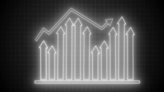 Neon-style glowing graph bar chart with upward-pointing arrow animation