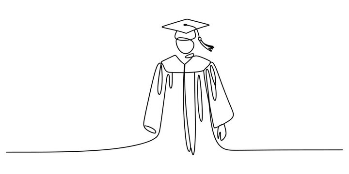 Continuous single line drawing of a graduate student in cap and gown