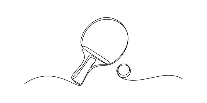 Continuous single line drawing of a table tennis racket and ping pong ball