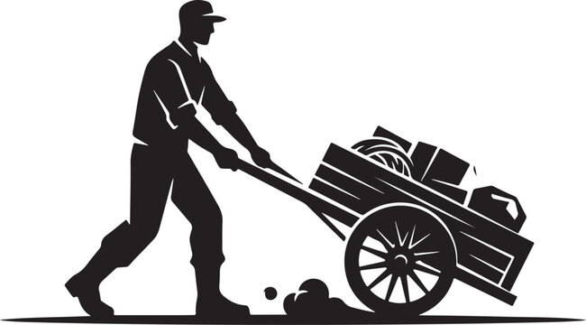 Man pushing a loaded wheelbarrow, silhouette on white black