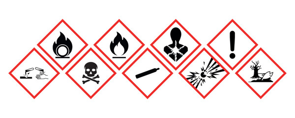 Hazardous material warning signs set isolated on white background. GHS hazard vector pictograms. Hazmat flat placards or labels with 9 classes. 